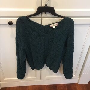 Cropped Deep Green “Pink Rose” V-Neck Sweater M